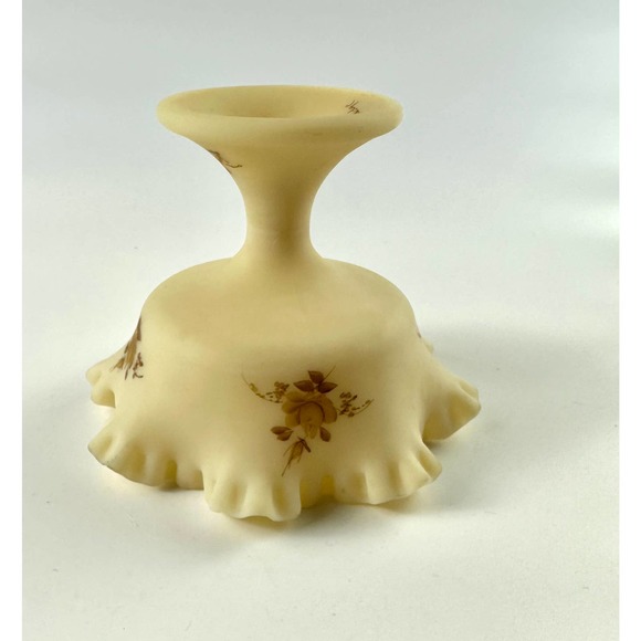 Vintage Signed Fenton Custard Glass Ruffled Crimped Compote Bowl Chocolate Roses - Picture 8 of 11